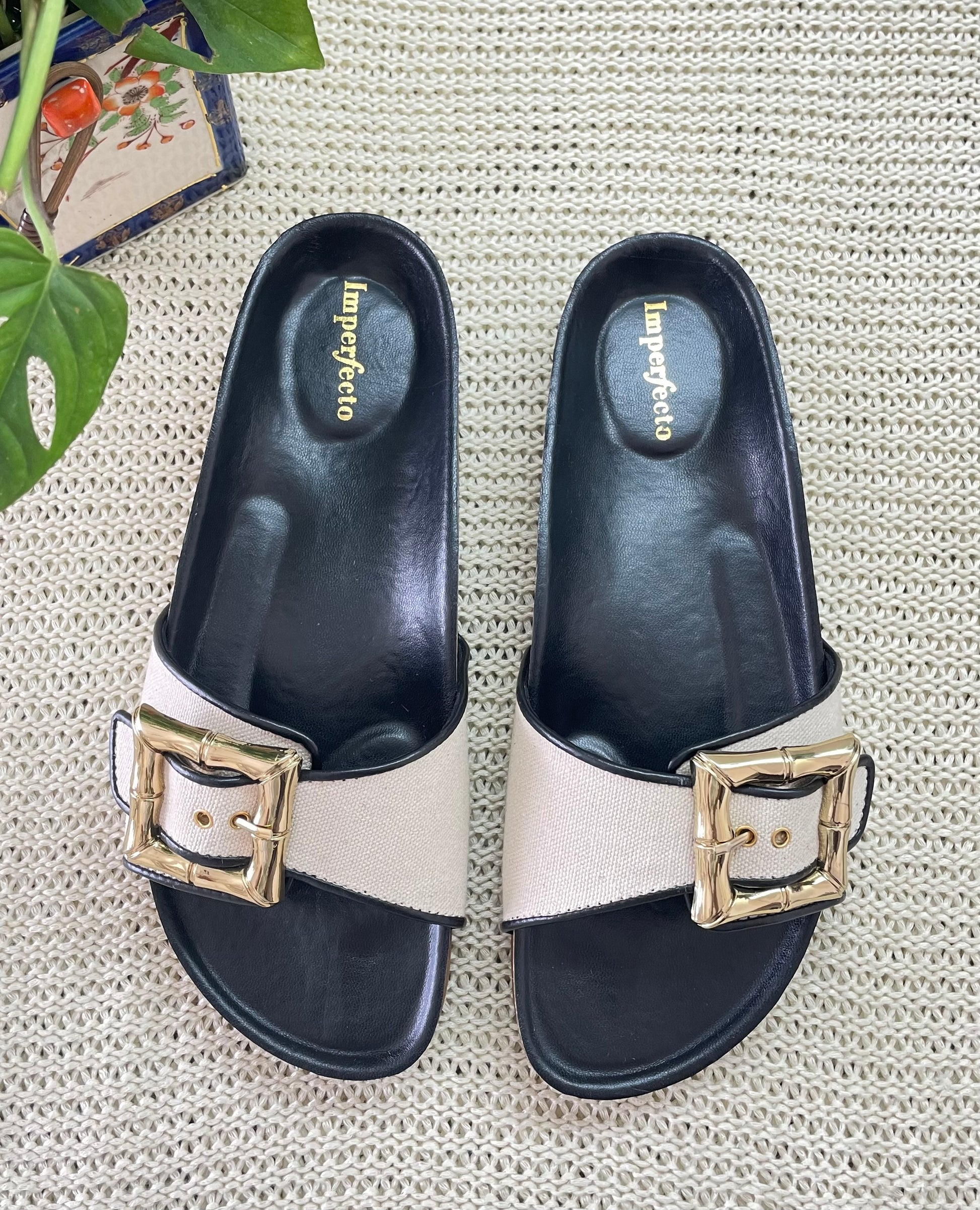 Jeniffer Canvas Buckle Sliders(Made to Order)-Imperfecto USA