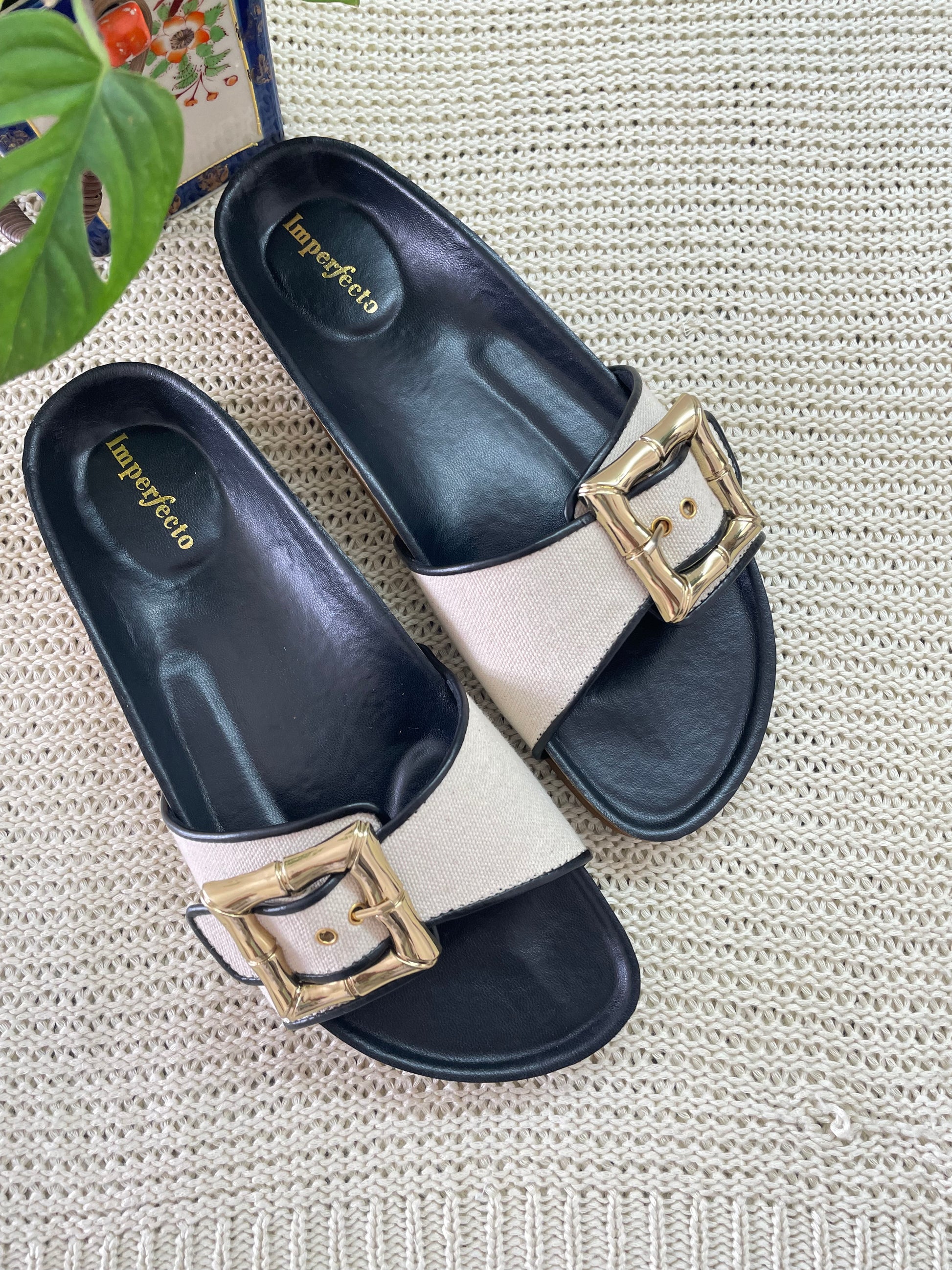 Jeniffer Canvas Buckle Sliders(Made to Order)-Imperfecto USA