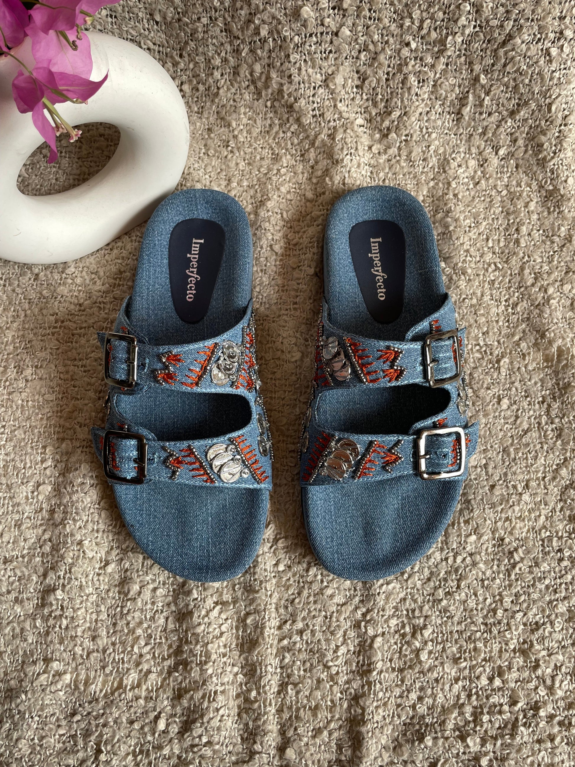 Denim Boho Embroidery Slides-Imperfecto USA