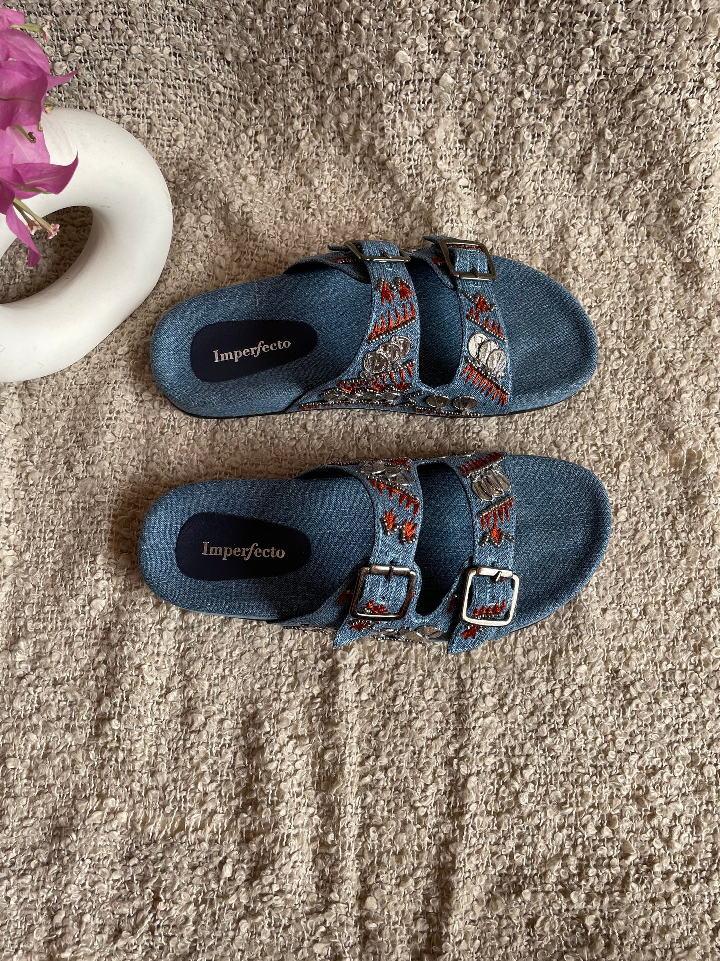 Denim Boho Embroidery Slides-Imperfecto USA