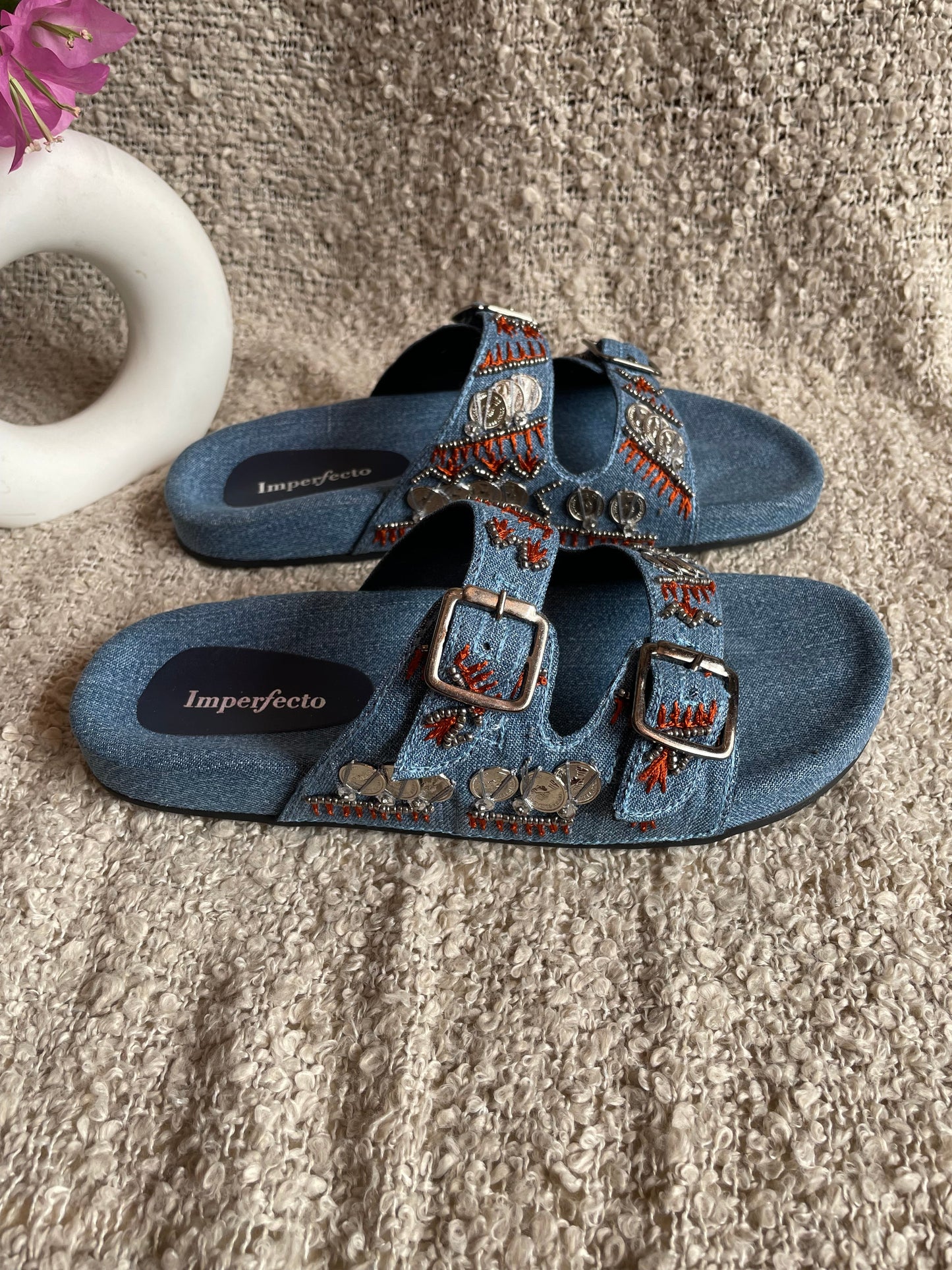 Denim Boho Embroidery Slides-Imperfecto USA