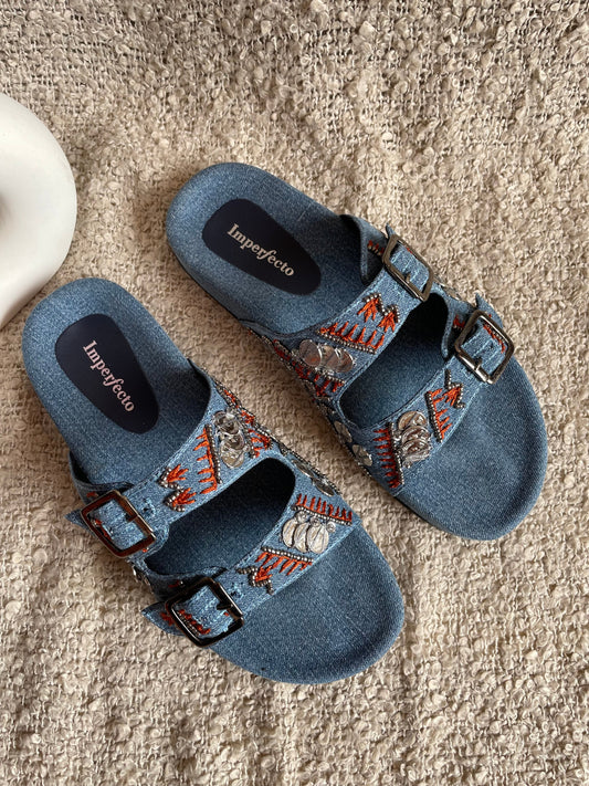 Denim Boho Embroidery Slides-Imperfecto USA