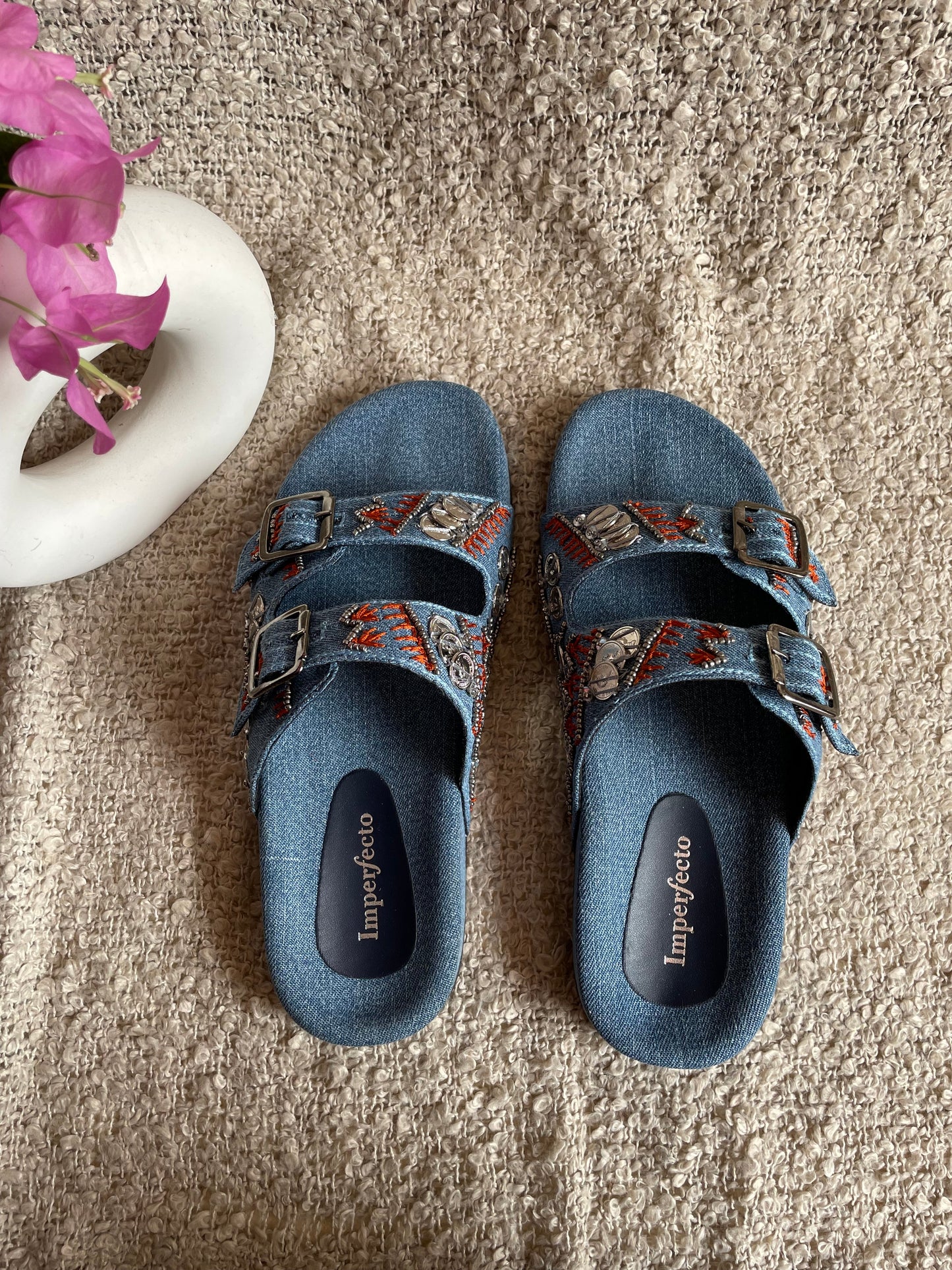 Denim Boho Embroidery Slides-Imperfecto USA