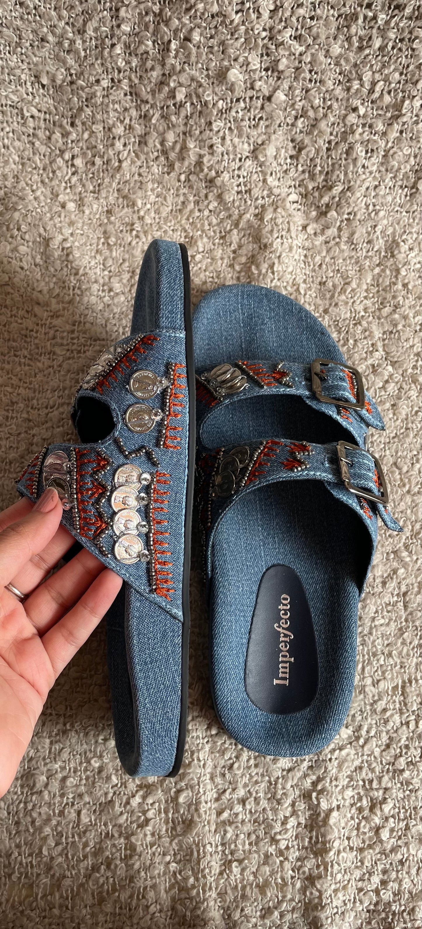 Denim Boho Embroidery Slides-Imperfecto USA