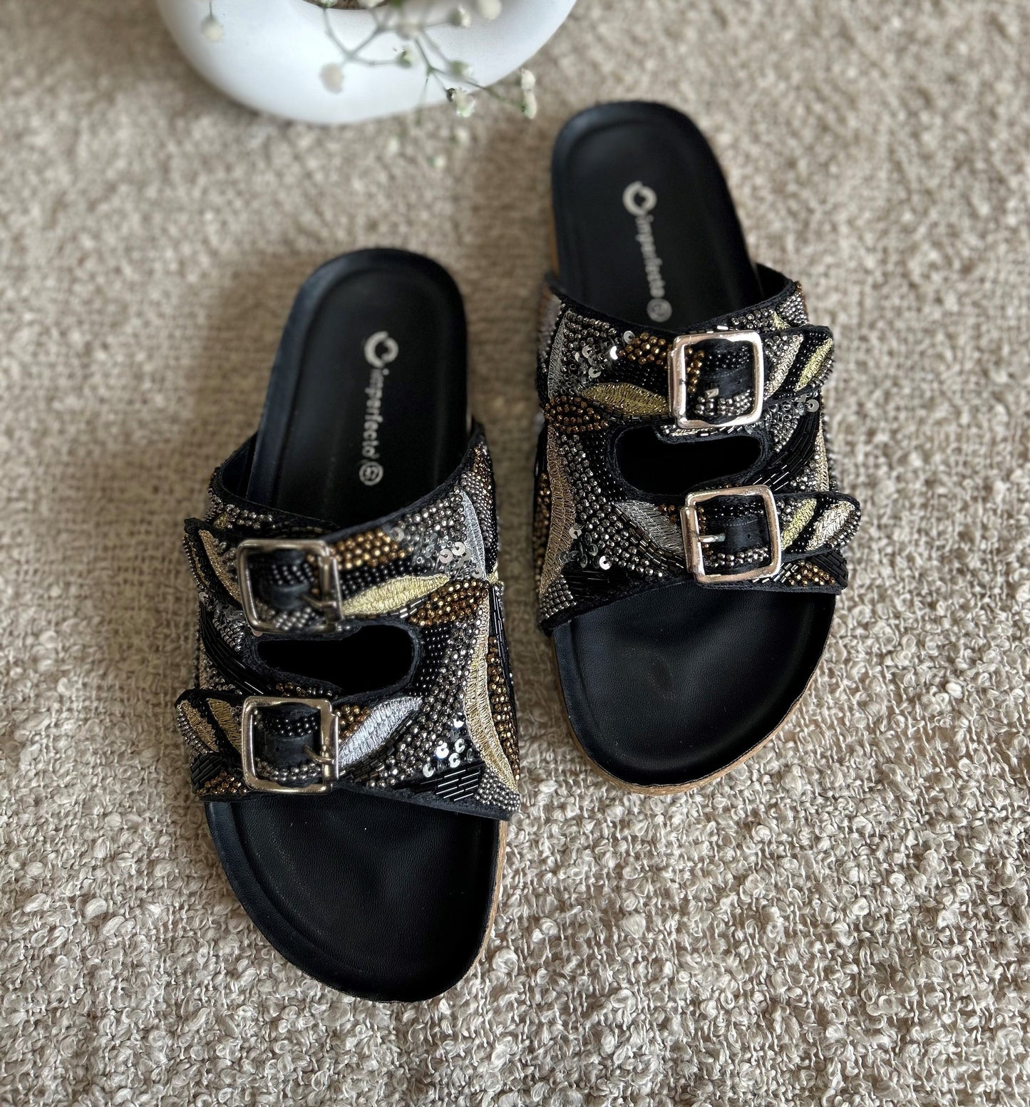 Embroidery Alia Slides - Black-Imperfecto USA