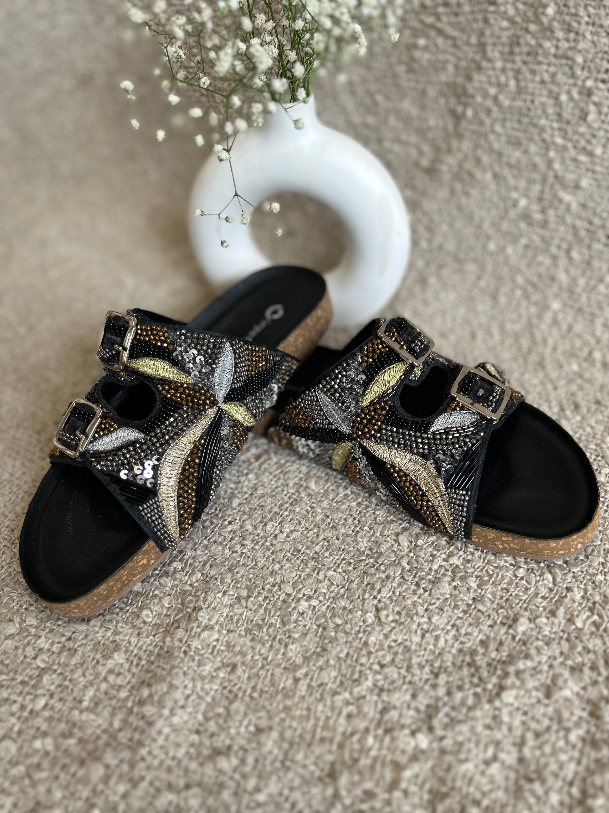 Embroidery Alia Slides - Black-Imperfecto USA