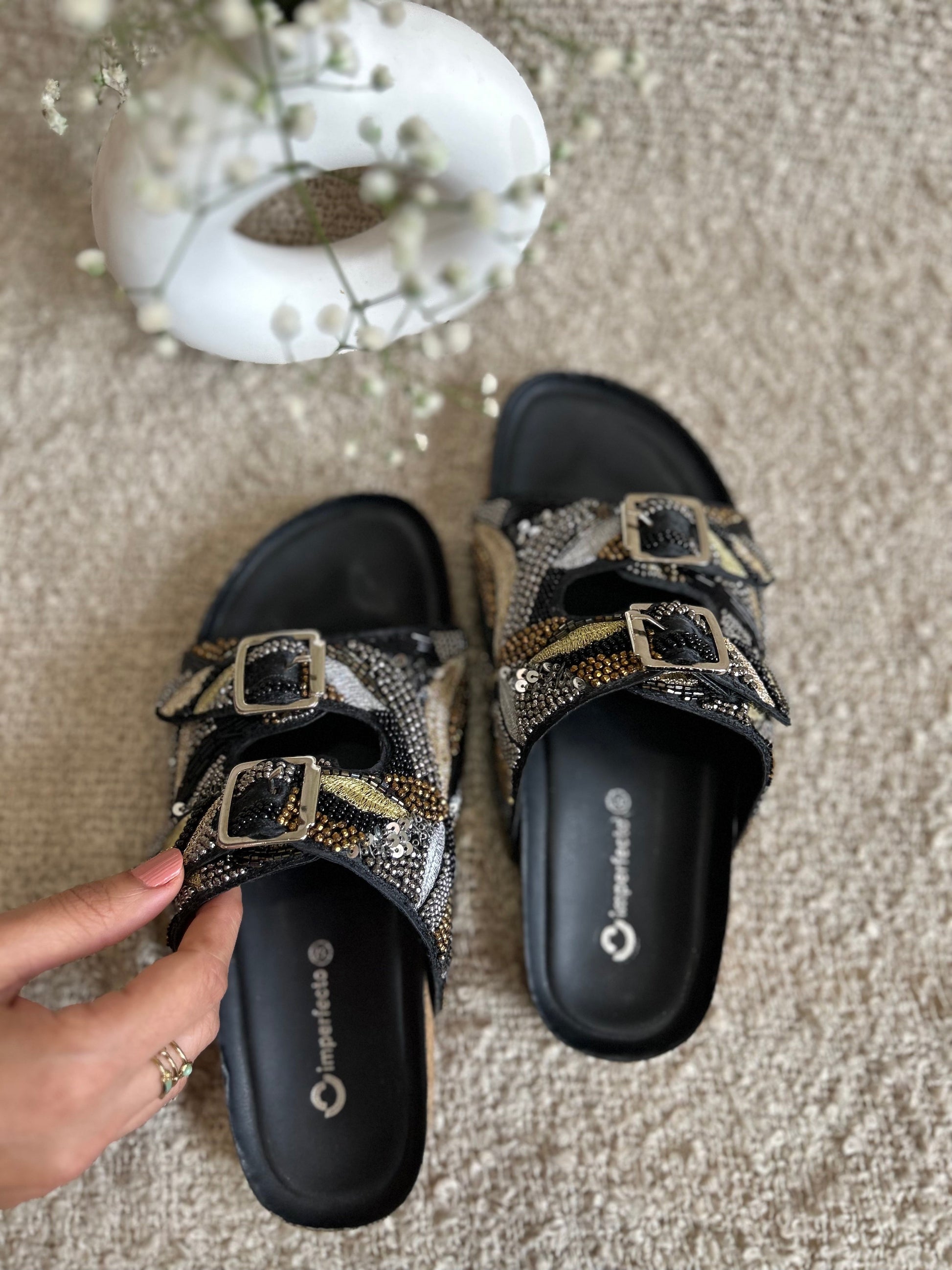 Embroidery Alia Slides - Black-Imperfecto USA