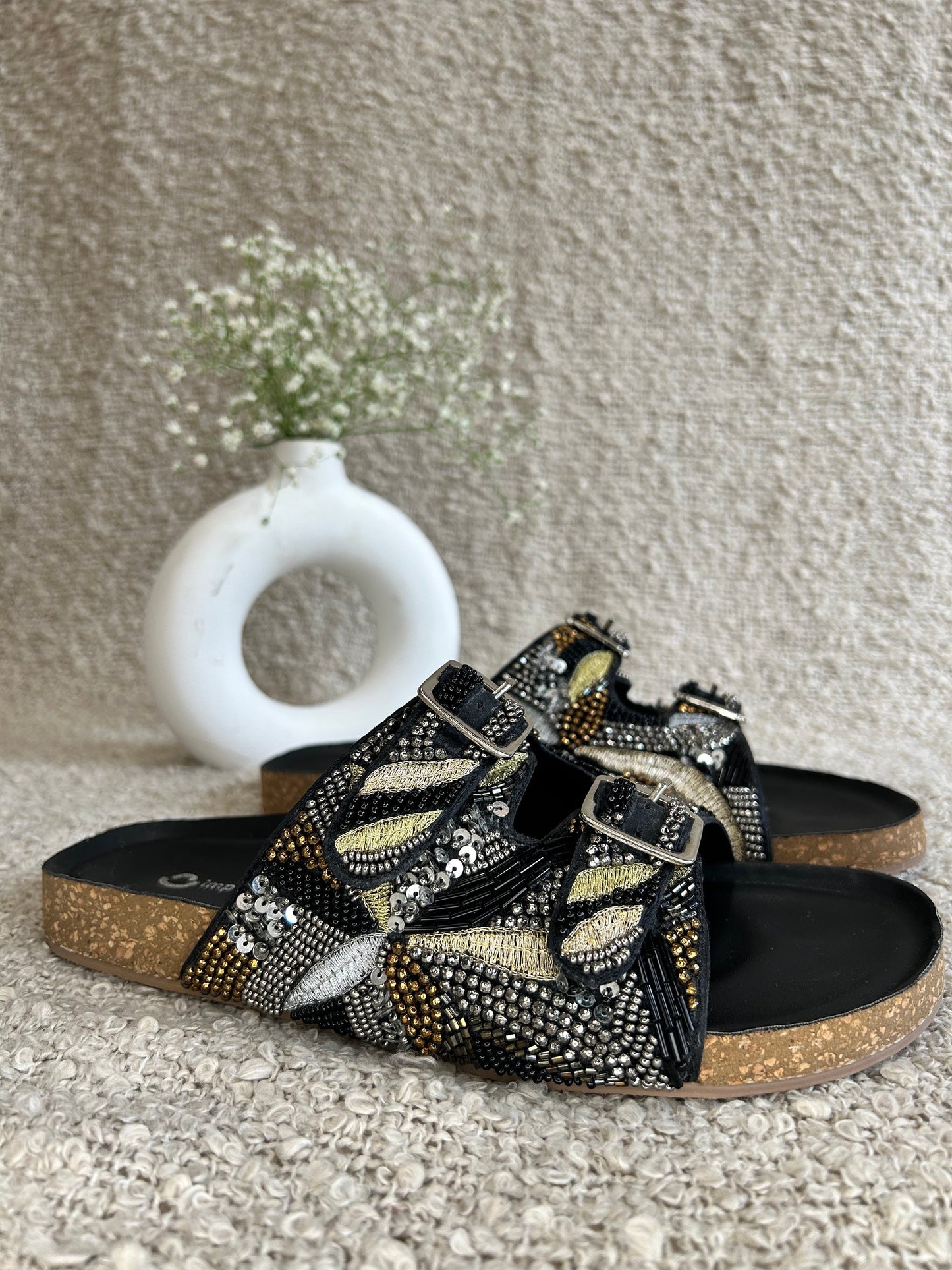 Embroidery Alia Slides - Black-Imperfecto USA