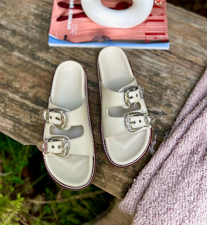 Taylor White Silver Buckle Sandals-Imperfecto USA