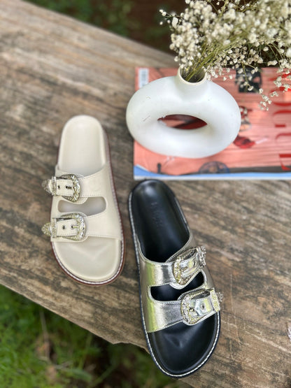 Taylor White Silver Buckle Sandals-Imperfecto USA