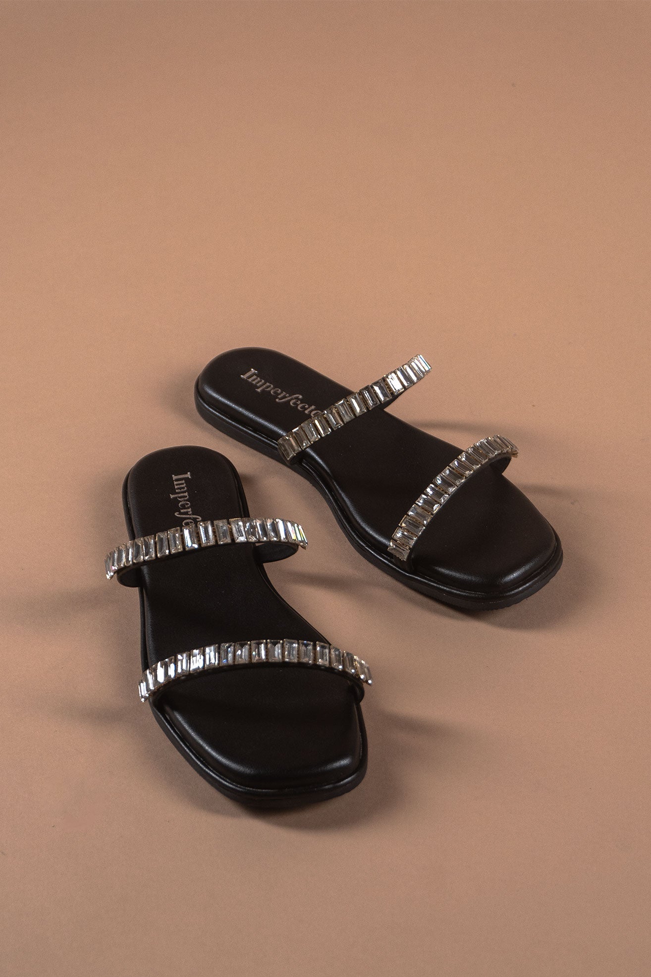 Strappy Embellished Black Sandals-Imperfecto USA