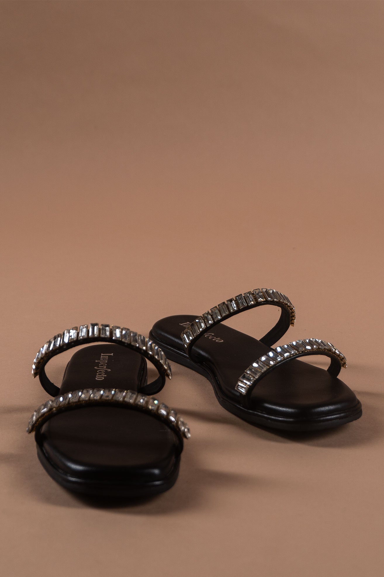 Strappy Embellished Black Sandals-Imperfecto USA