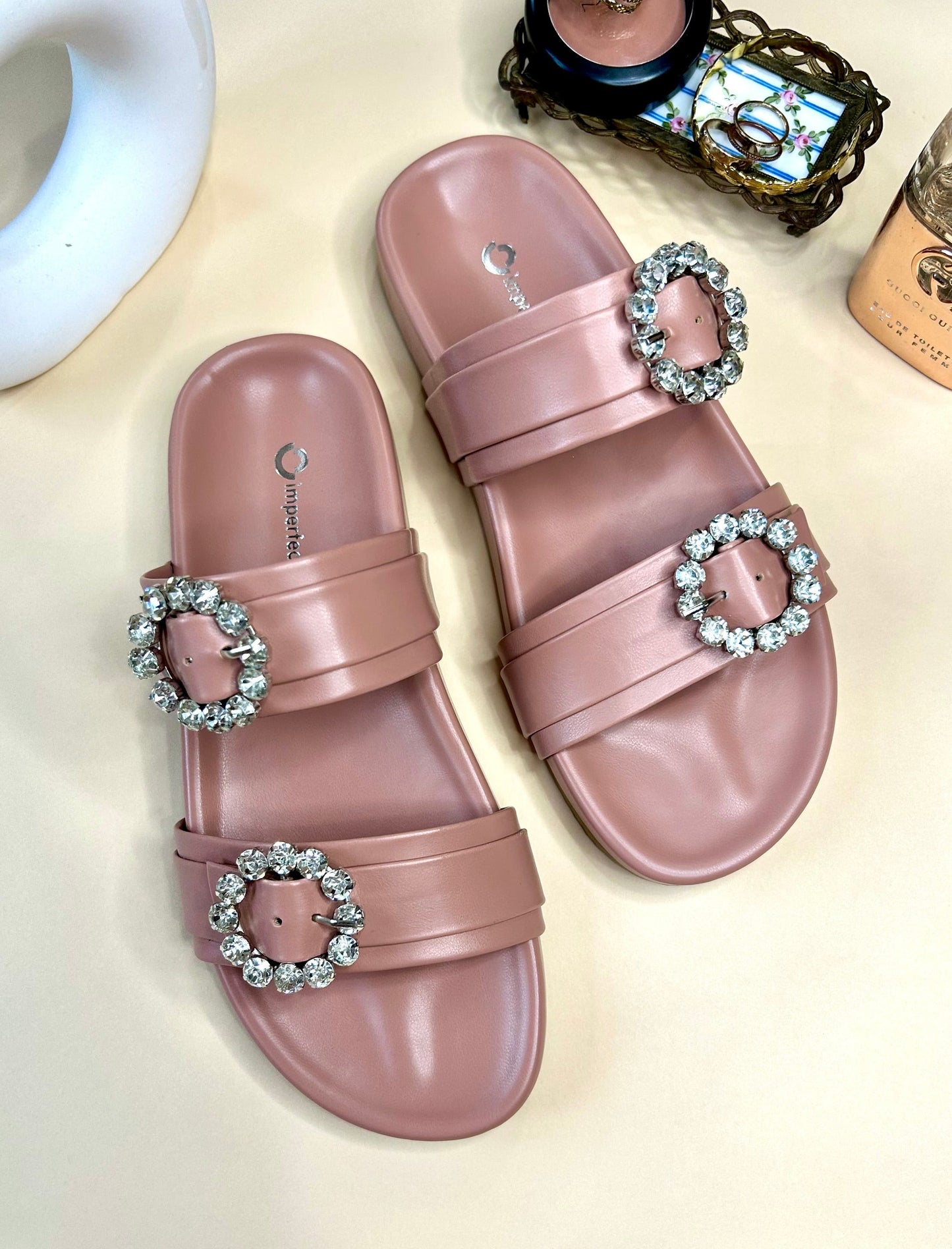 Slider Sandals With Rhinestone Buckle-Imperfecto USA