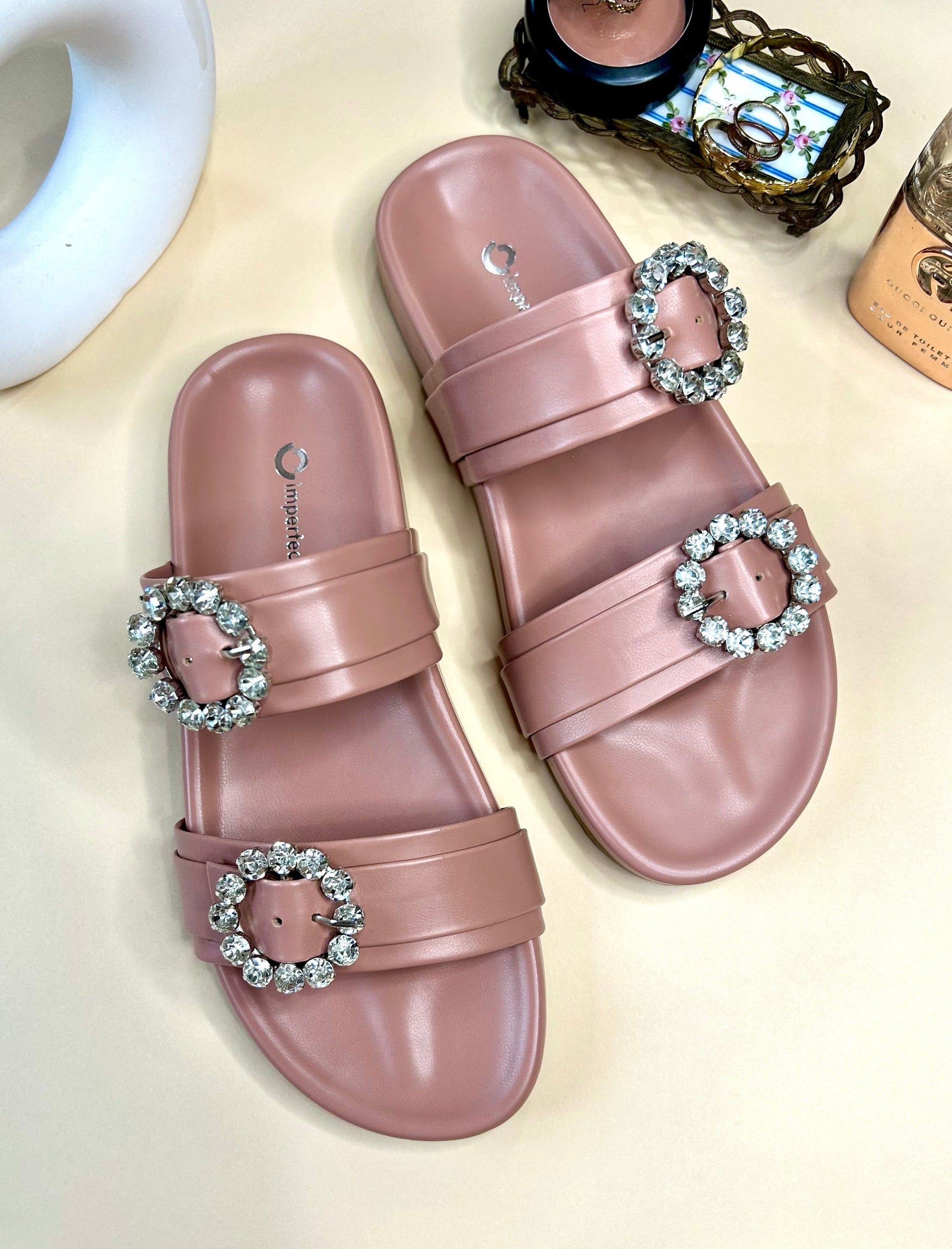 Slider Sandals With Rhinestone Buckle-Imperfecto USA