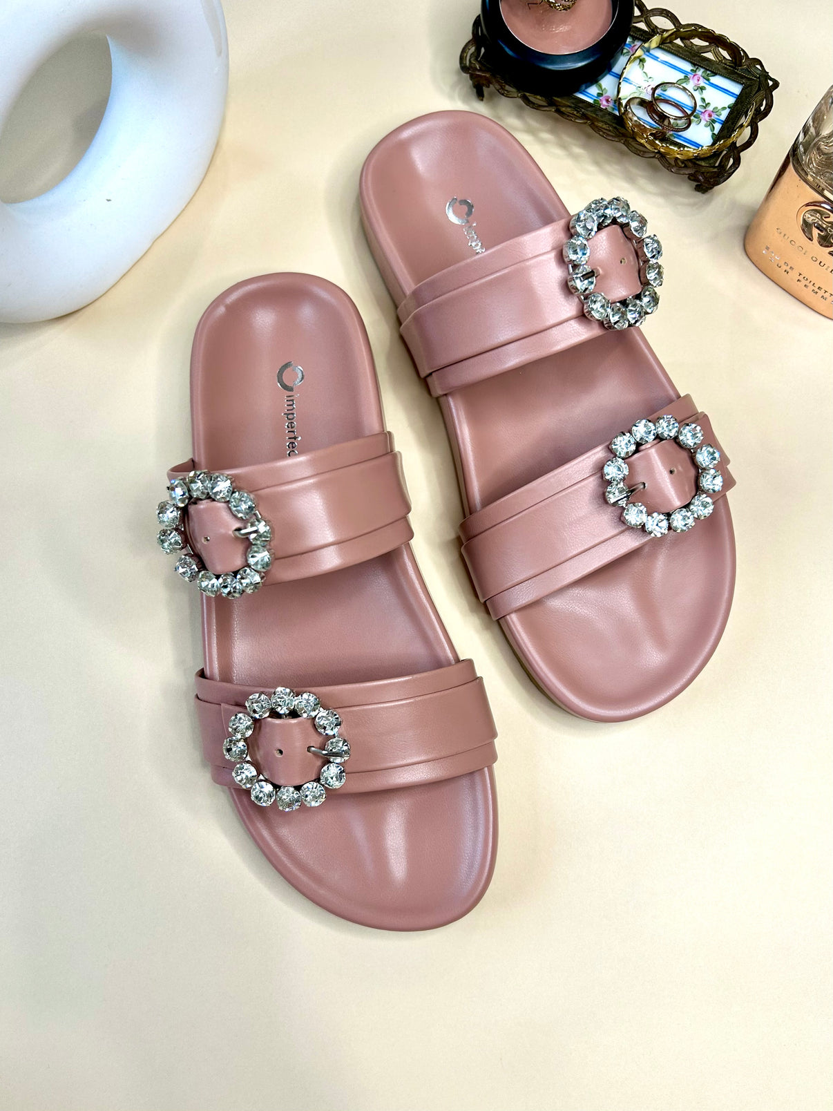 Slider Sandals With Rhinestone Buckle-Imperfecto USA