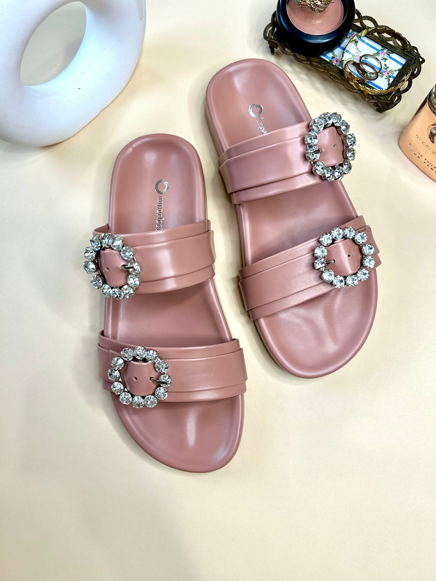 Slider Sandals With Rhinestone Buckle-Imperfecto USA