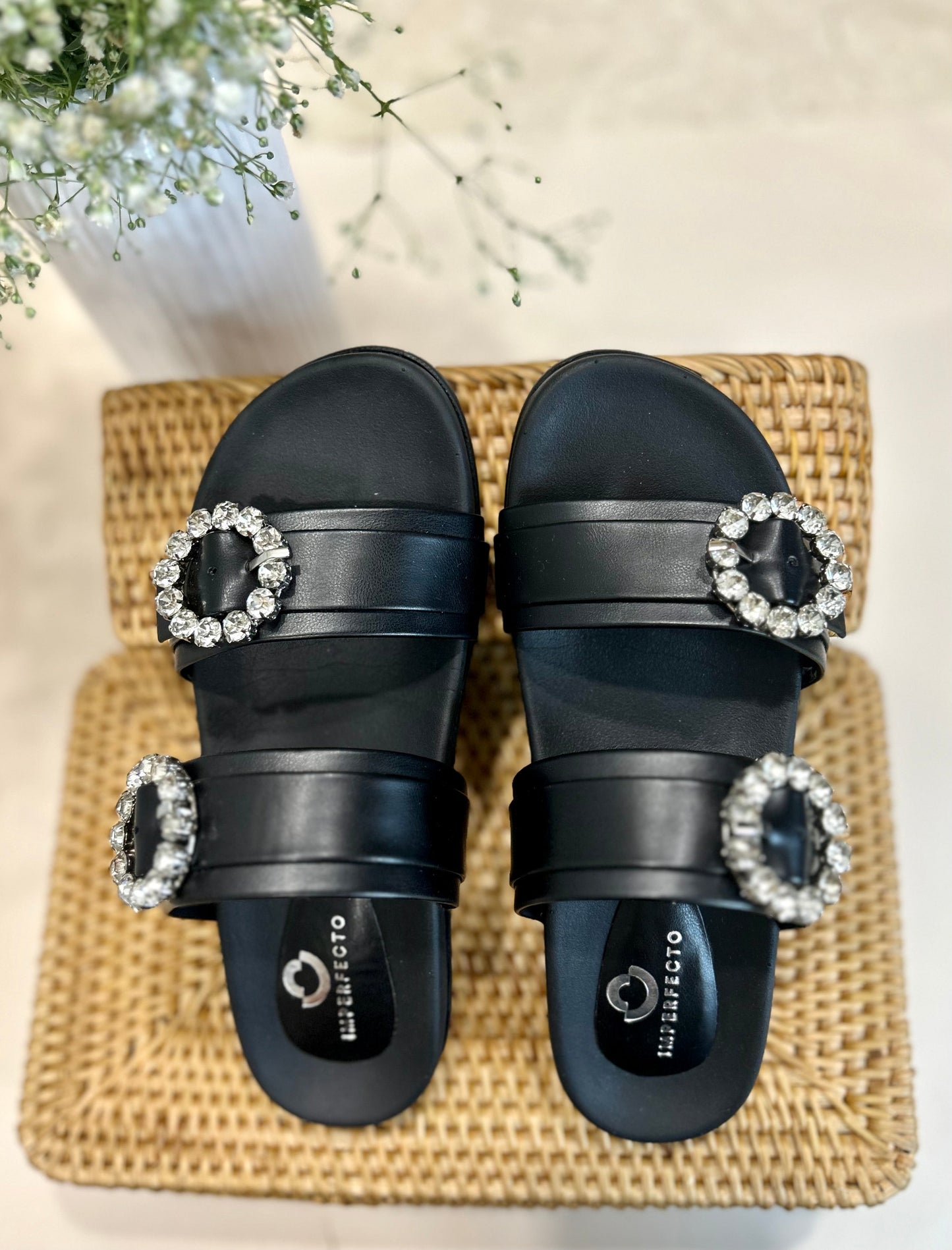 Slider Sandals With Rhinestone Buckle-Imperfecto USA